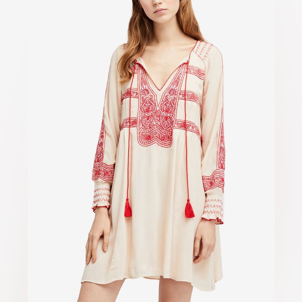 Free People Wind Willow Mini Dress Cream and Red Embroidered